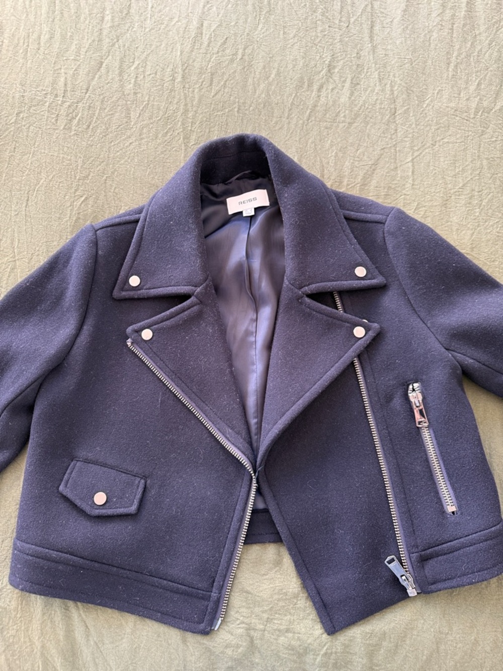 Reiss Cropped Wool Moto Jacket in Navy